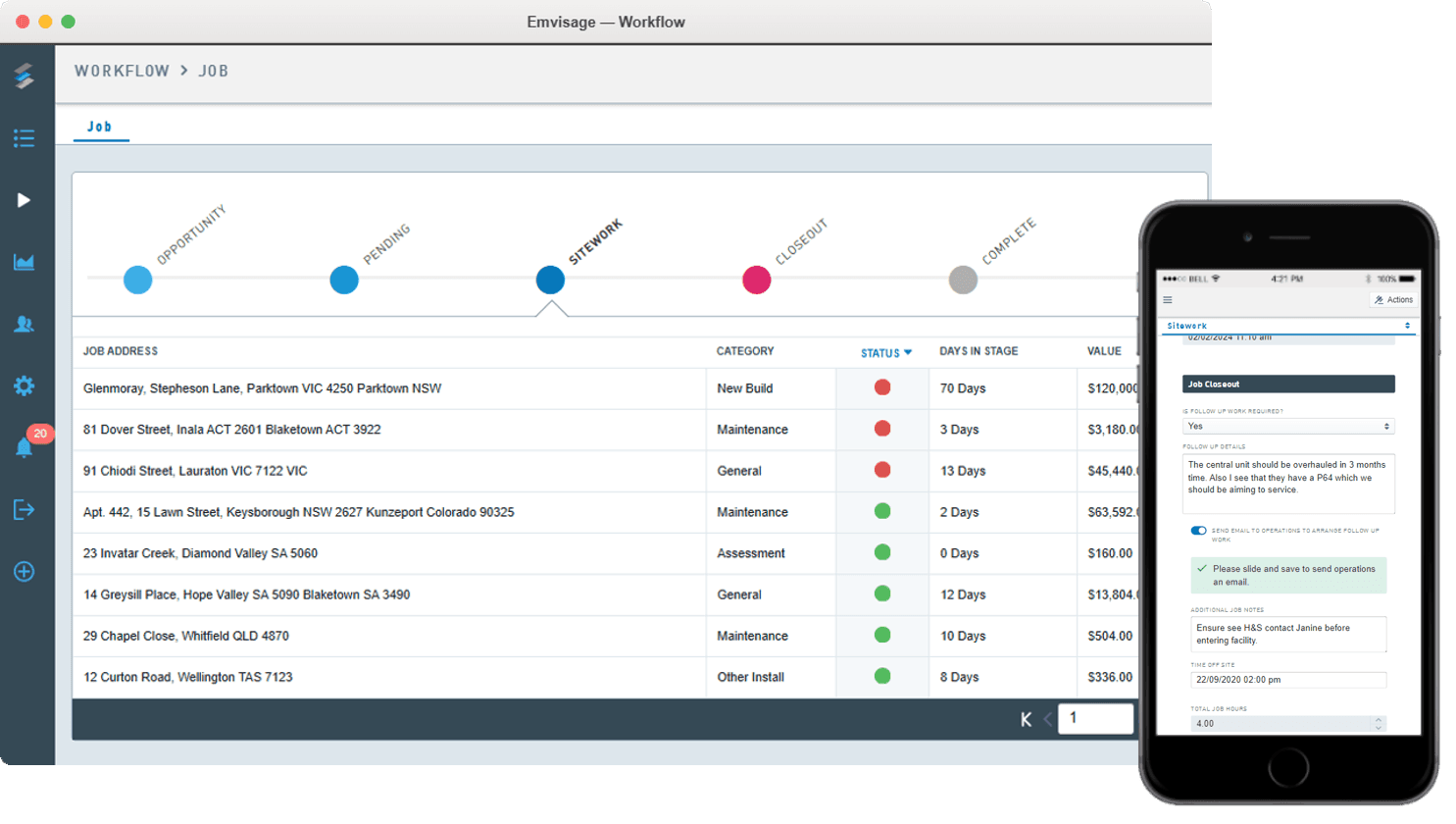 Emvisage stage tracker over a live job table